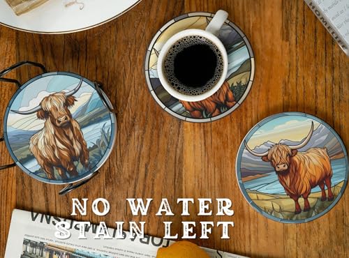 Highland Cow Gifts for Women Scottish Cow Gifts 6 PCS Ceramic Coasters Absorbent with Cork Base Home Decor for Family Housewarming Thanksgiving Birthday Christmas