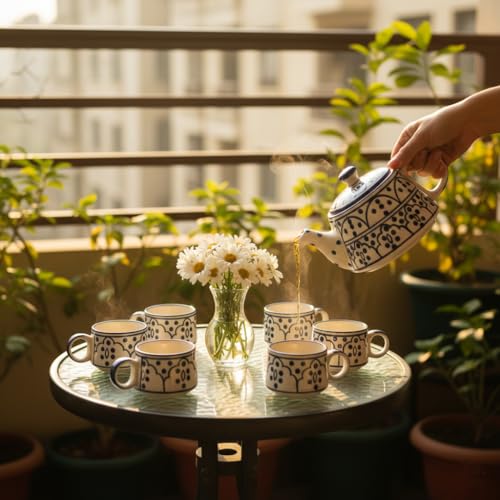 Image of NATRIEL Ceramic Tea Set, Blue Floral Design with Chevron Border, 1L Teapot with 6 Cups, Microwave and Dishwasher Safe (Option-03)