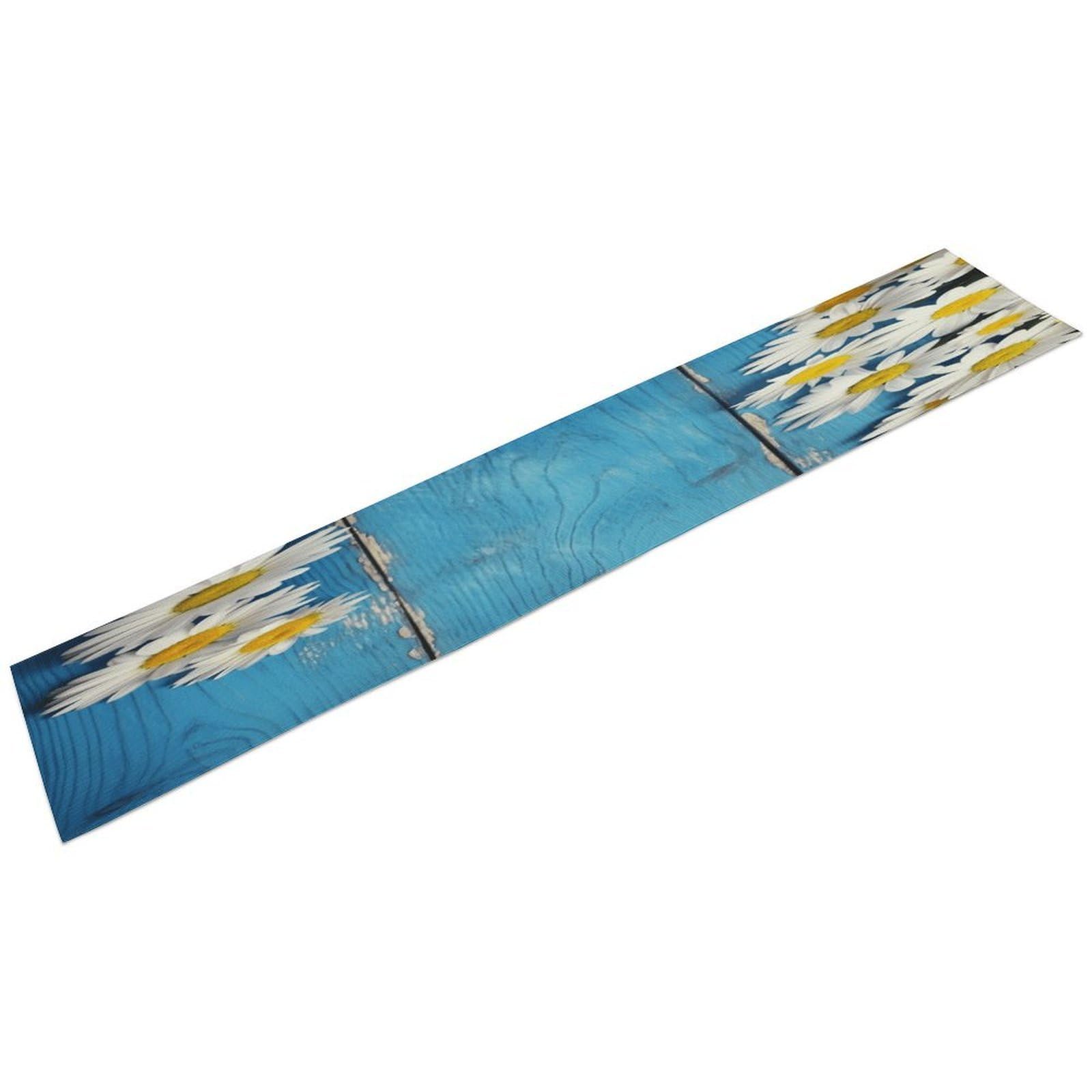 Btcowzrv Style Daisy Flowers Blue Wooden Linen Table Runner 72.4 Inches Long, Machine Washable Table Runner For Party Kitchen Dining Table Coffee Holiday Party Decor, 13.4"X72.4"