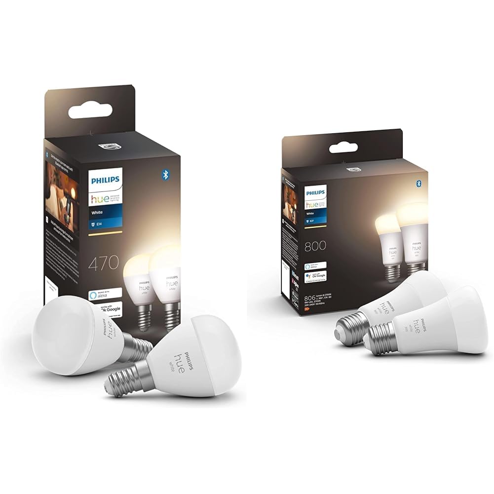 Philips Hue White E14 Luster Doppelpack 2x470lm & White E27 Lampe Doppelpack 2x805lm, dimmbar, warmweißes Licht, steuerbar via App, kompatibel mit Amazon Alexa (Echo, Echo Dot)