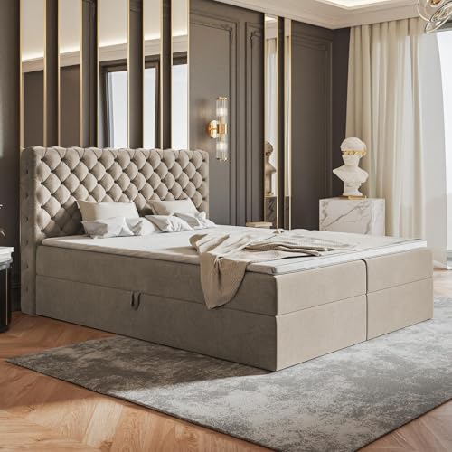 MOTIVENA Nero Chesterfield Boxspringbett 160x200 mit Bettkasten und Topper, Polsterbett 160x200 mit Bettkasten, Taschenfederkern-Matratze (H3), T28 Schaumstoff Topper (H3), Samt, Beige MOTIVENA Nero Chesterfield Boxspringbett 160x200 mit Bettkasten und Topper, Polsterbett 160x200 mit Bettkasten, Taschenfederkern-Matratze (H3), T28 Schaumstoff Topper (H3), Samt, Beige