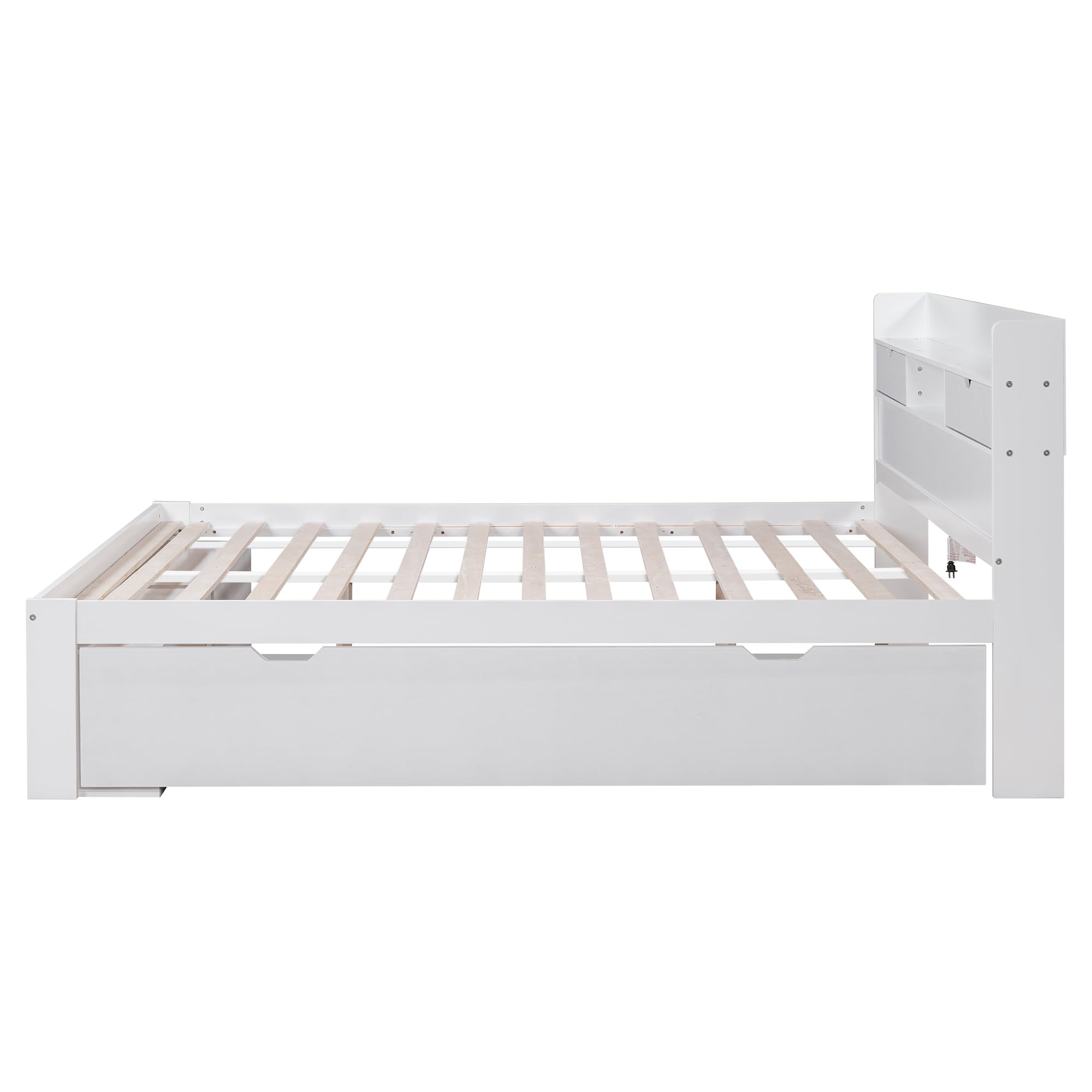 Doppelbett 140x200, Holzbett mit Schubladen & Bücherregal & Stauschrank, Stauraum-Kopfteil Bett mit USB Ladefunktion & Steckdose, Funktionsbett Kinderbett Jugendbett Stauraumbett, Ohne Matratze, Weiß