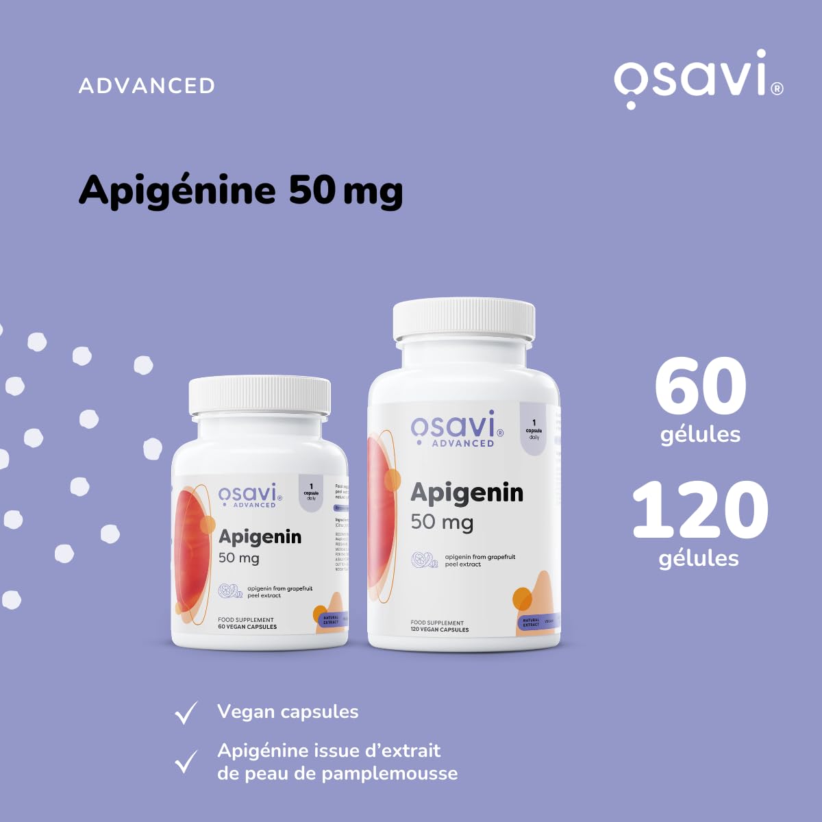 Osavi Apigénine 50 mg – 120 Gélules Véganes | Extrait d’écorce de pamplemousse standardisé (90% apigénine) | Bioflavonoïde d’origine végétale | Formule clean | Convient aux végans & keto