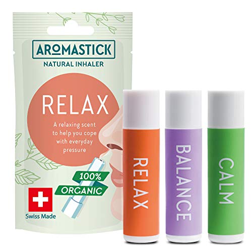Aromatherapy Nasal Inhaler [Swiss Made] Organic Essential Oils Set Diffuser for Sleep, Stress, Anxiety and Others [ Portable Aromatherapy Stick] (3pcs Stress Relieving Pack (Relax, Balance, Calm))