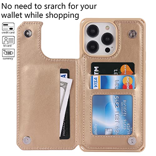 Image of Cavor for iPhone 14 Pro Case with Card Holder,for iPhone 14 Pro Wallet Case for Women Men,Phone Case for iPhone 14 pro with Stand Credit Card Holder, Leather Strap Shockproof Cover- Golden
