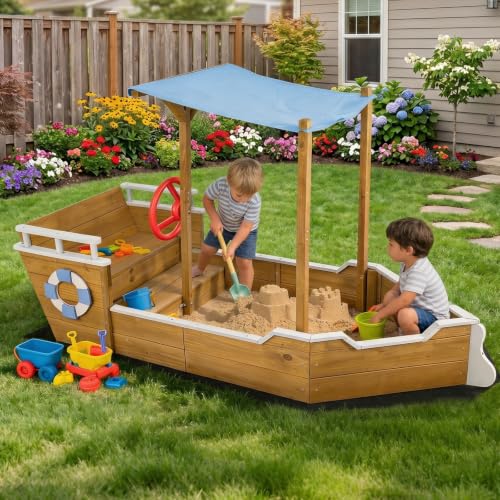 Ketive 63" L Ship-Shaped Wooden Sandbox for Kids with Oxford Canopy