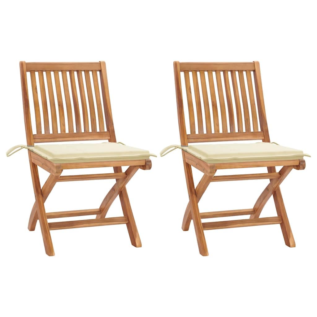 Hothingwell Zestaw 2 składanych krzeseł ogrodowych z litego drewna tekowego z kremowymi poduszkami, ponadczasowy design, na patio, taras lub na zewnątrz, wygodne zakrzywione oparcie, pojemność 110 kg