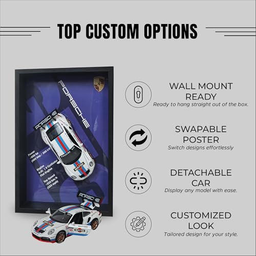 Image of CodersParadise - Porsche GT3 RS 3D Car Frame Wall Art | 1:32 Die-Cast Metal Model Car with Red & Blue Racing Stripes | Wooden Display Frame, Detachable Miniature, Interchangeable Posters, Pull-Back Action, Lights & Opening Doors | Collectible Gift for Cars Lovers
