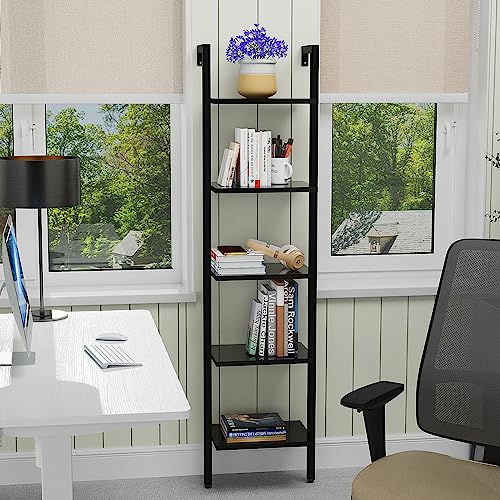 YMYNY Leiterregal mit 5 Ebenen, Bücherregal, DIY Standregal, Regal aus Holz, Metallrahmen, Wandmontage, für Bücher, Dekoration, Pflantzen… – Ansicht 5