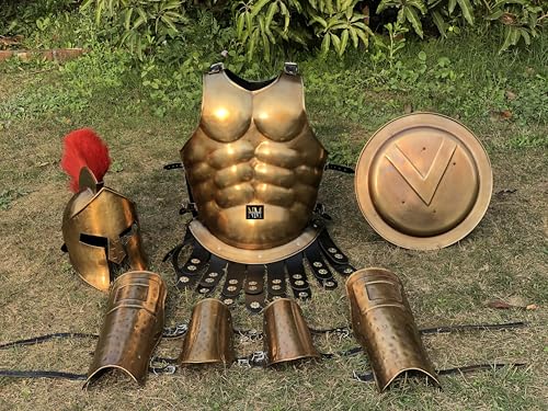 Medieval Roman Muscle Armor King Leonidas 300 Greek Spartan Helmet and Arm or Leg Guard with Shield - Brass Antique