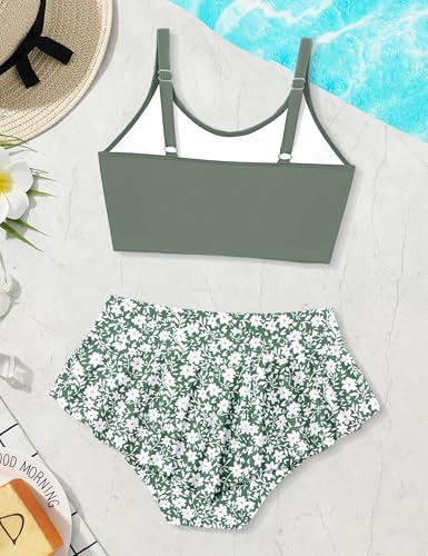 Image of Qaoerde Girls Swimsuit Tropical Print Bikini Set with Ruffle Hem Two Piece Criss Cross Bathing Suits for Girls 7-16 Years