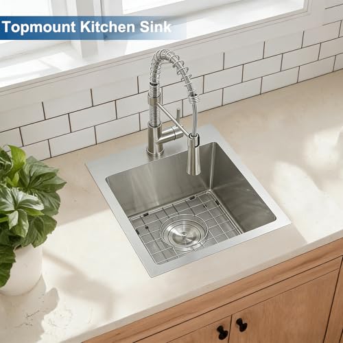 Image of 15x15 Inch Drop In Bar Sinks, Top Mount Handmade Single Bowl Small Kitchen Sink, 16 Gauge Stainless Steel Brushed Nickel for Wet Bar Prep RV Outdoor with Grid & Drain Strainer