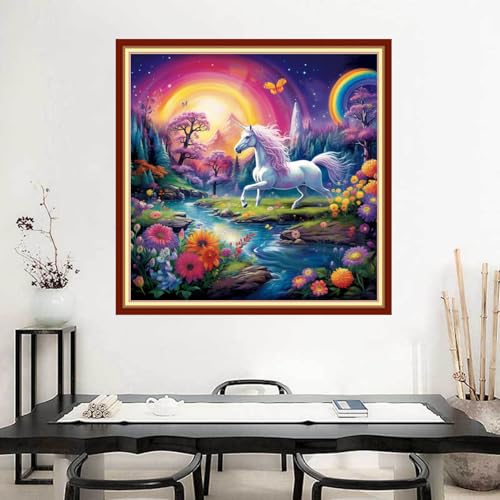 Image of Joyhoor Stamped Cross Stitch Kits for Beginners Needlepoint Kits for Adults Embroidery Kits 11CT Counted Cross Stitch Kits Printed Embroidery Pattern-Rainbow Unicorn 18x18 inchs