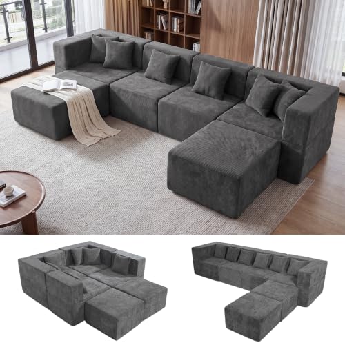 Image of MONVANE 130'' Oversized Boneless Sectional Couches for Living Room, 6-Seat U Shaped Cloud Couch, Modular Sofa with Ottoman & 6 Throw Pillows, Comfy Chenille, No Assembly Required, Gray