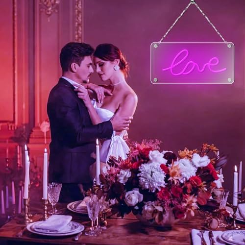 Image of ENUOLI Love Neon Sign USB Powered Neon Love Signs Dimmable LED Pink Love Signs Acrylic for Home Bedroom Bar Party Wall /Table Art Decoration Party Night Light Birthday Gift