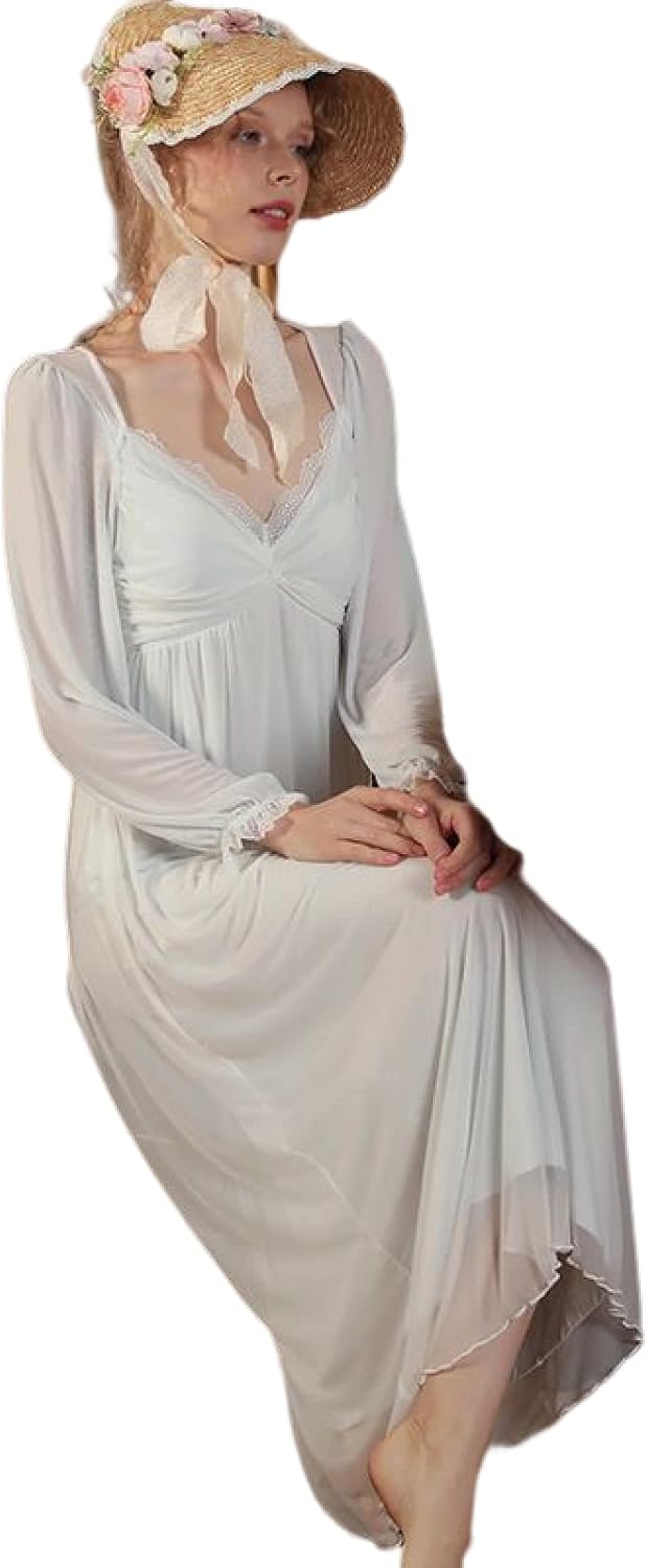 OFFSUM Women's Long Sleeve Nightgown - Spring Summer Square Collar Dress Mesh Sexy Lace Elegant Vintage Solid Color Nightg