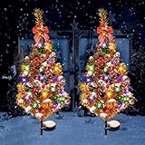 2PCS Solar Christmas Tree Lights Decorations Outdoor, Xmas Tree Solar Powered Christmas Yard Stake Waterproof With LED Lights, Red Berries, Red Bow, Suitable for Christmas Decoration Garden Patio Yard