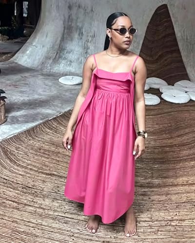 Image of YUEWOO Midi Dresses for Women Casual Summer Sundresses Vacation Outfits Spaghetti Strap Smocked Women Maxi Dress with Pockets