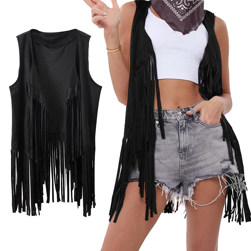 Damskie topy z frędzlami, styl lat 70., hipisowski kostium, kowbojka, kamizelka z frędzlami, tank top z krótkim rękawem, kurtka, stroje