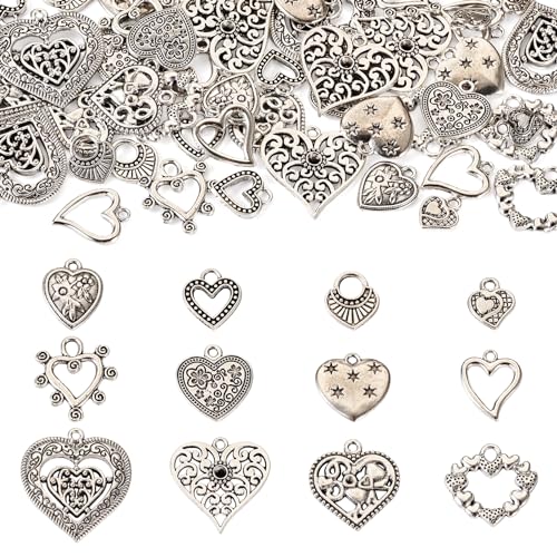Elecrelive 48Pcs Tibetan Style Alloy Pendants Hollow Heart Charms Antique