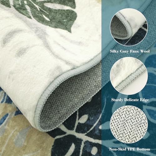 Wonnitar Monstera 3x5 Area Rug, Washable Small Leaf Room Rugs for Bedroom Blue Entry Mat, Tropical Coastal Plant Entrance Carpet Soft Stain Resistant Accent Carpet for Living Room Mudroom Office - Image 2