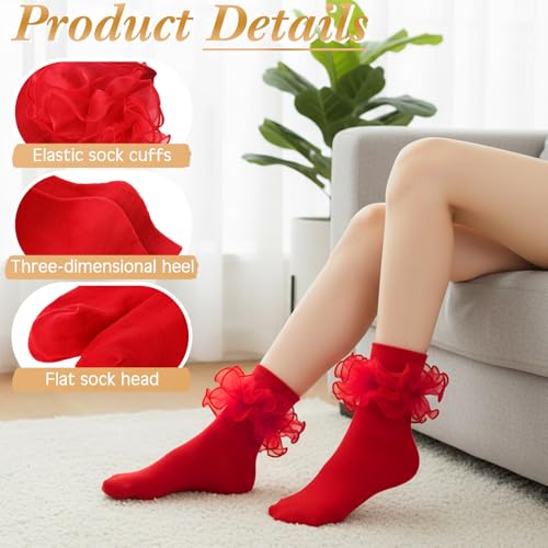 Image of Geyoga 3 Pairs Women Big Ruffle Socks Turn Cuff, Double Lace Ankle Cotton Frilly Socks for Ladies Summer