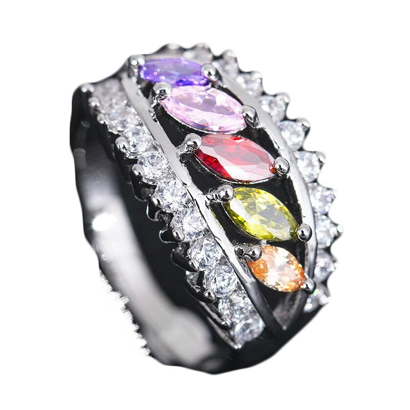 Emsione Silver Plated Dainty Eternity Ring Oval Created Colorful Zircon CZ Pave Cocktail Band Statement Ring Anniversary Party Jewelry For Men Women Size 8