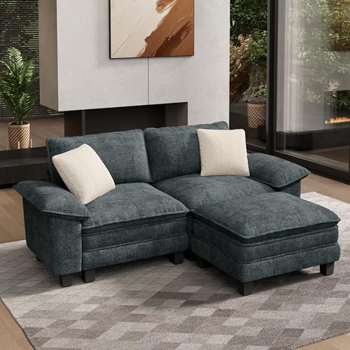 Image of HERA'S HOUSE 3-Seat L Shaped Modular Cloud Couch Sectional Sofa Ottoman | Modern 87.5 inch Couch, Cyan, Wider Armrest, Comfy Deep Seat, Soft Chenille Sofa for Living Room