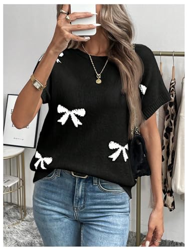 GORGLITTER Women's Bow Short Sleeve Sweater Lightweight Sweater Crew Neck Pullover Knit Tops3