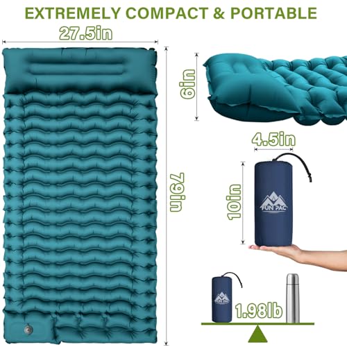 Image of FUN PAC Camping Sleeping Pad, Ultralight Camping Mat with Pillow Built-in Foot Pump Inflatable Sleeping Pads Compact for Camping Backpacking Hiking Traveling Tent
