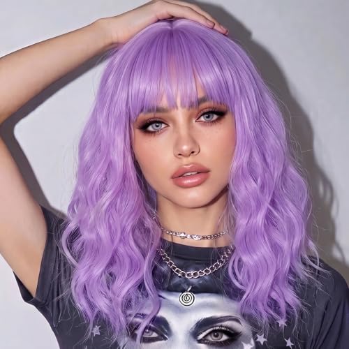 Image of AISI HAIR Light Purple Synthetic Wavy Curly Bob Wig with Bangs Short Wavy Hair for Women Synthetic Heat Resistant Bob Wigs