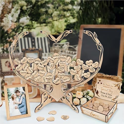 KWYADLUO Heart Wedding Guest Book Alternative, Rustic Wooden Tree of Life Wedding Guest Book Drop Box with Picture Frame, Wedding Decorations, Wedding Gift, Valentine Gift