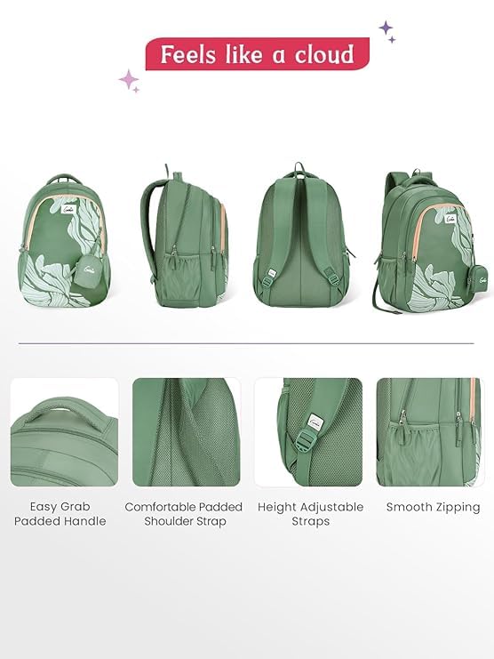 Image of Genie Mira School Backpack For Girls |19 Inch-36 Litres With Three Compartments, Light Weight with Padded Shoulders |Best for Books, Water Bottles, Stationery, Lunch Box & Essentials - Sage