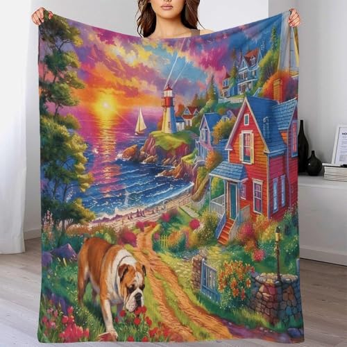 EMYXPAQM Manta Bulldog Inglés De Franela, Manta De Faro al Atardecer para Sofá Y Cama, Acogedora, Esponjosa para Dormitorio, Sofá, Campamento 70x80inch(180x200cm)