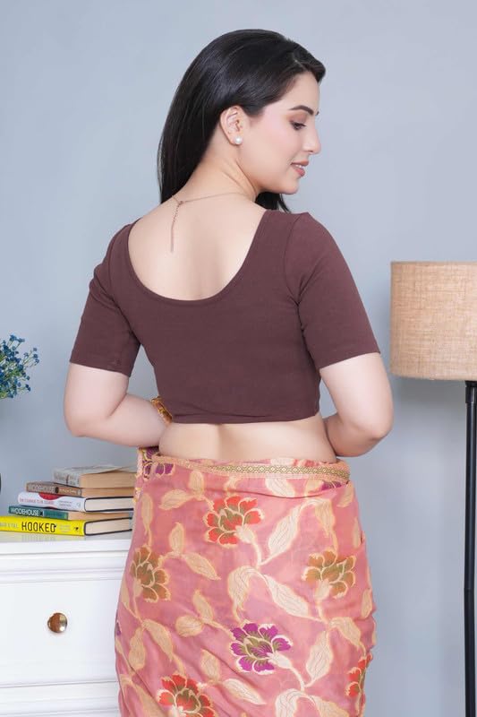 Image of Mlada V-Neck Stretchable Saree Blouse Top for Women | Slim Fit Short Sleeves Solid Cotton Blouses | Readymade Saree Blouses for Women Festive & Ethnic | Blouse Crop Top