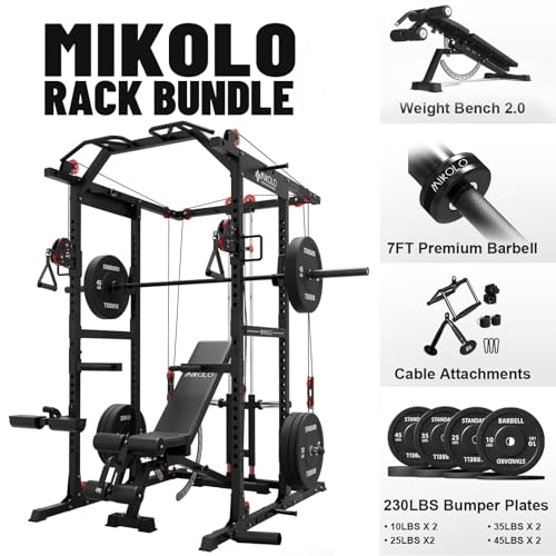 Mikolo K6 Ultra Power Cage with 230LBS Weight Plates, Power Rack with Aluminum Pulley System, 1500LBS Squat Rack with LAT Pull Down System, Functional Trainer for Home Gym - Image 3