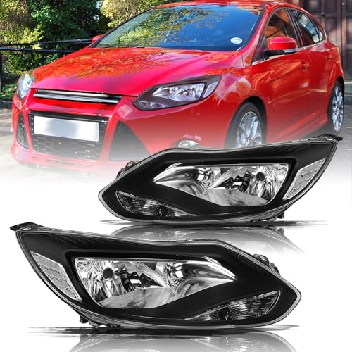 Aosky Headlight Assembly Compatible with 2012 2013 2014 Ford Focus [Factory Halogen Type] Headlamp Blzck Housing with Clear Reflector (Driver & Passenger Side)