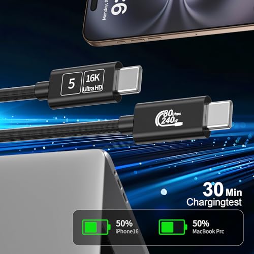 Cable USB 4 de 240W y 80 Gbps compatible con iPhone 16 y cable Thunderbolt 5 para Mac mini 4