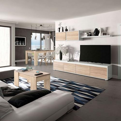 Miroytengo Pack de Muebles de Salón Estilo Nórdico en Color Blanco y Roble Canadian con por Modulo de TV, Mesa de Centro y Mesa de Comedor