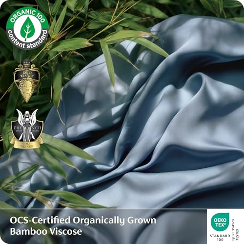 Image of Bedsure 100% Organically Grown Bamboo Viscose Queen Sheet Set | Cooling Bedsheets for Hot Sleepers | Luxury Silky Soft PureWoven | 18 inch Deep Pocket with Corner Straps | Oeko-Tex [Mineral Blue]