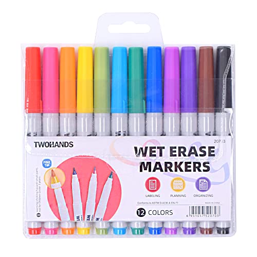 TWOHANDS Wet Erase Markers Ultra Fine Tip,0.7mm,Low Odor,Extra Fine Point,12 Assorted Colors,Whiteboard Markers for Office,Home,or Planning Dry Erase Board,20703 image 1