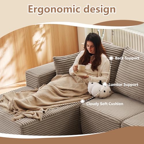 Image of 135.4 inch Modular Sectional Sofa, Modern Corduroy Cloud Couch with Deep Seat, Boneless Couch Upholstered 4-Seater L-Shaped Sofa for Living Room, No Assembly Required (Camel, Left-Facing Chaise)