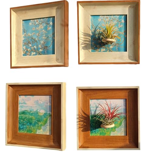2 Pack Van Gogh Wall Art & Air Plant Airplant Holder Stand Magnetic Frame Display Set - 2-in-1 Famous Prints (Almond Blossom & Green Wheat Fields) for Living Room Bedroom Home Office Decor Plant Lovers Gift
