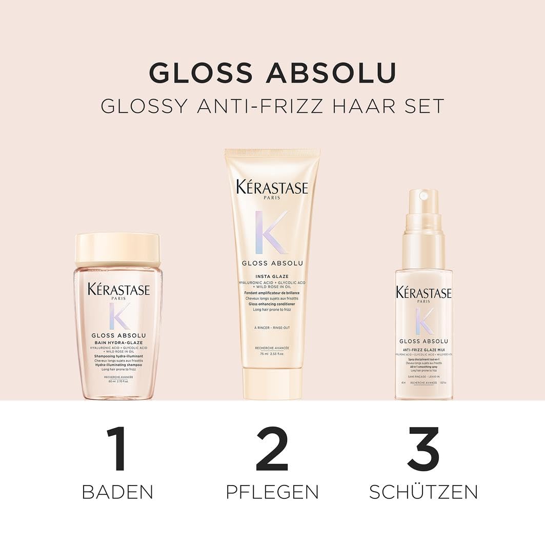 Kérastase, Gloss Absolu, Pflegeroutine mit Shampoo (80 ml), Haarspülung (75 ml) und Hitzeschutz (45ml), Probierset für langes, zu Frizz neigendes Haar