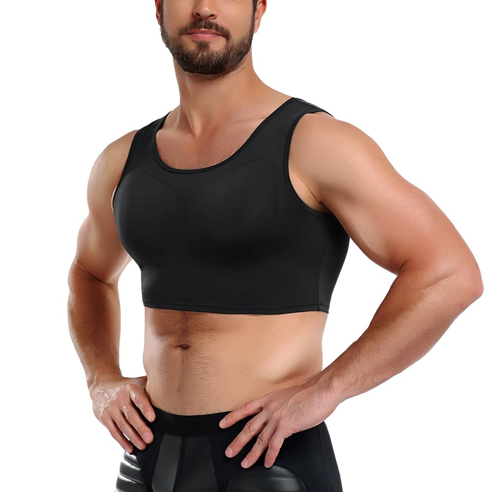 Bslingerie Camicia da uomo imbottita a compressione muscolare con finto potenziatore di petto e spalle, intimo invernale a maniche lunghe, nero, taglie S-XXL