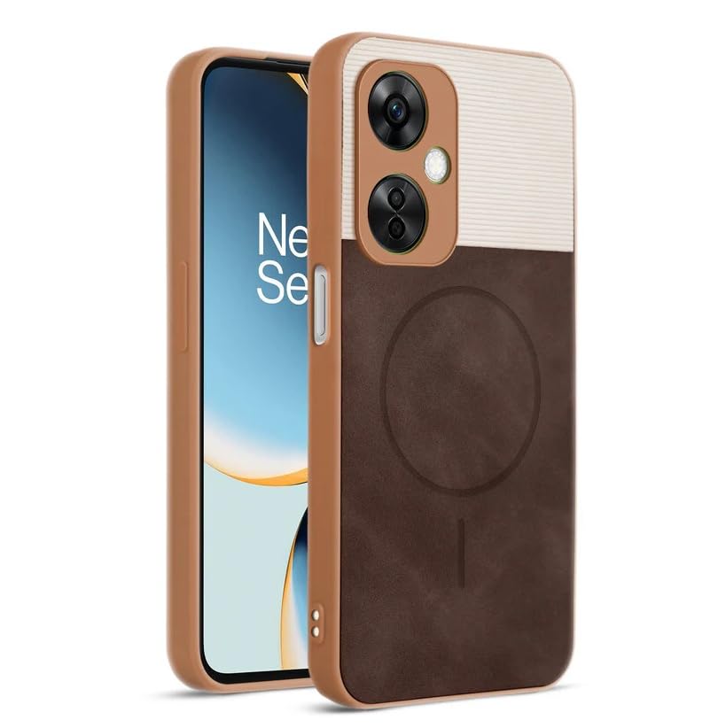 Image of Bintage CASE Mac Safe Design Hard Light Weight Back Case | Soft Border Camera Protect | Dual PU Leather Finish Back Cover Compatible for OnePlus Nord CE 3 Lite 5G - White & Cherry Brown