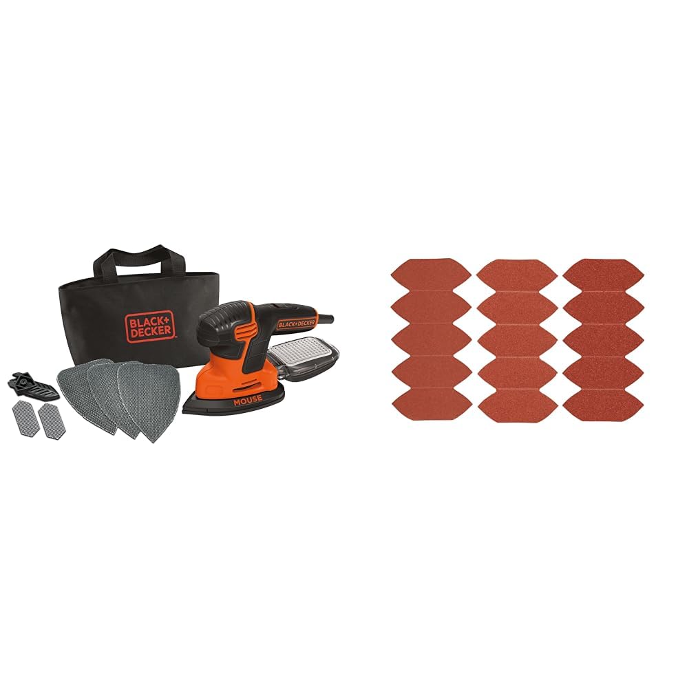 BLACK+DECKER LEVIGATRICE MOUSE 120W: VELOCITÀ 14.000 giri/min (28.000 oscill./min) & STANLEY ‎STA32477-XJ 15 Fogli di Carta abrasiva per punti di dettaglio Grana mista