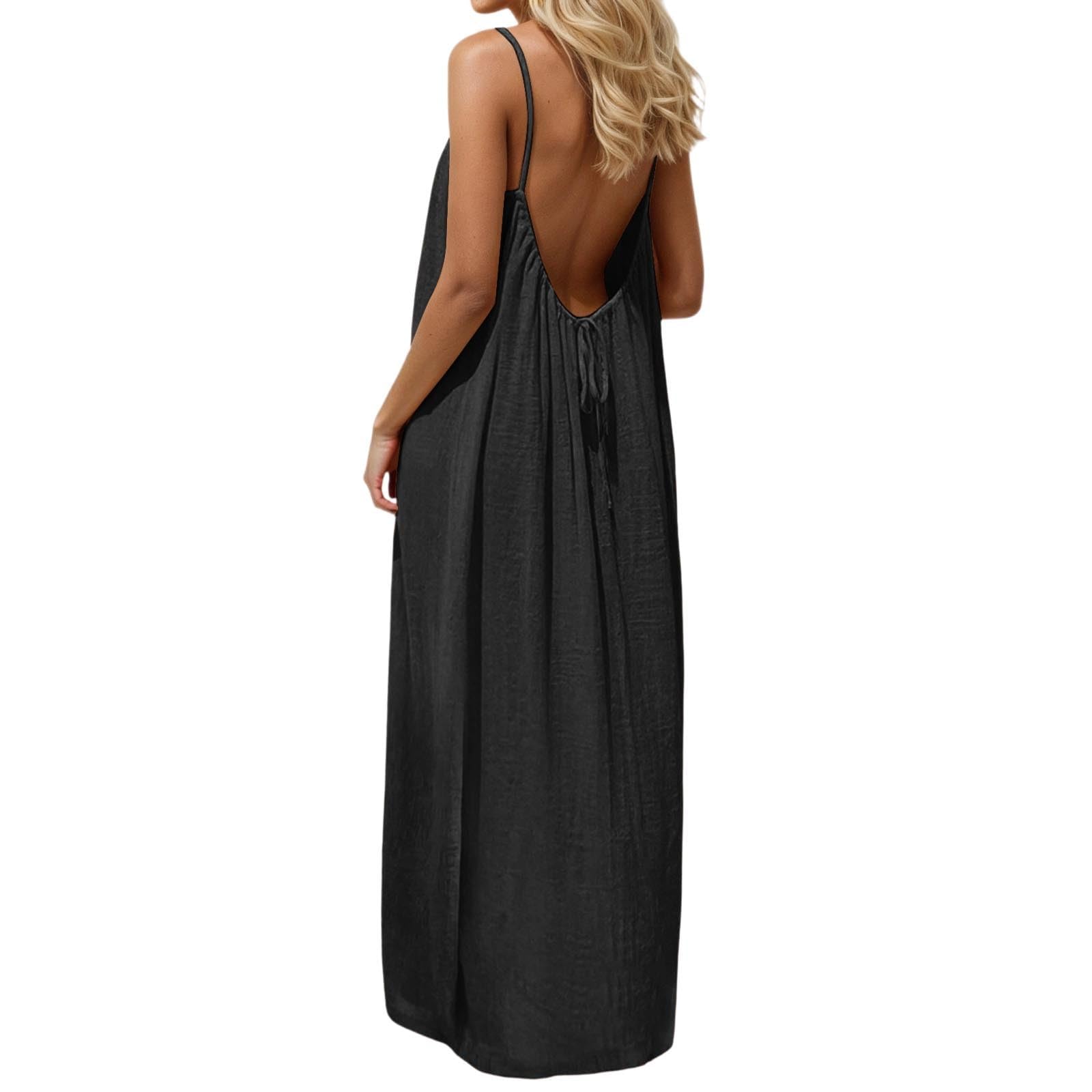Backless Cami Dresses for Women Solid Color Lounge Open Back House Dress Linen Spaghetti Strap Summer Maxi Dress