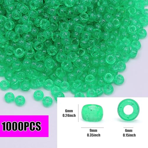 Image of 1000Pcs Pony Beads Bracelet 9mm Green Glitter Plastic Barrel Pony Beads for Necklace,Hair Beads for Braids,Key Chain,Jewelry Making (Green Glitter)