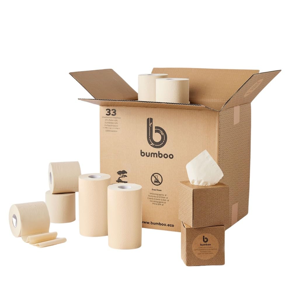 Bumboo Bamboo Unbleached Toilet Roll, Kitchen Towel & Face Tissue 33 Pack | 27 x 3 ply Toilet Paper| 3 x 2 ply Kitchen Towels | 3 x Facial Tissue Cubes